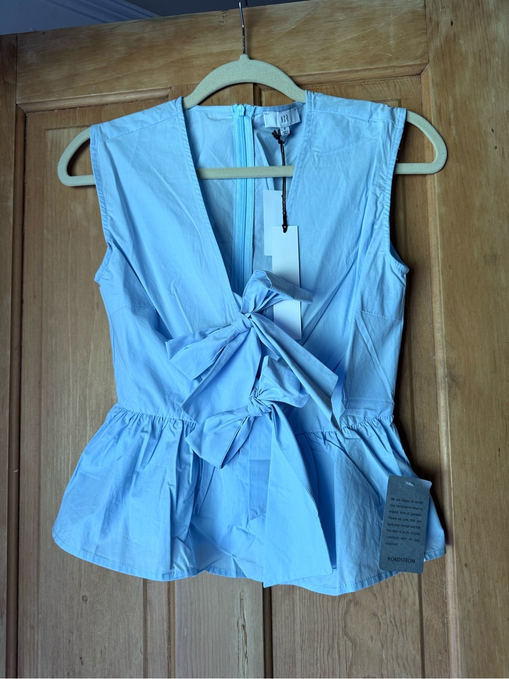 NSR Light Blue Tie-Front Peplum Top